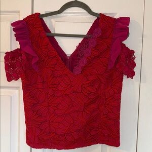 Pinko Red & Fuchsia Floral Lace Ruffle Cold-Shoulder Top